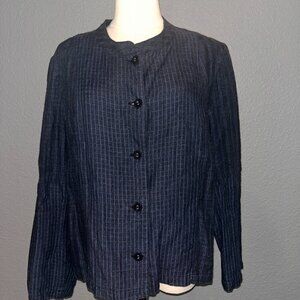 POETRY 100% LINEN BOXY BUTTON FRONT COLLARLESS WINDOW PANE PLAID JACKET EUC - 14